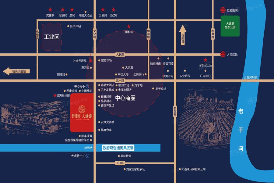 大通湖碧桂园项目位于益阳市大通湖区河坝镇文化路（中心完小旁）