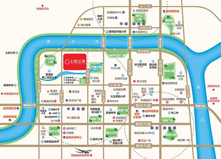 金钟悦江湾项目位于蒸湘区蒸水南路与光辉北街交汇处