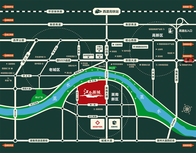 江南新城项目位于衡阳县衡阳县洪山大桥与横一路交汇处