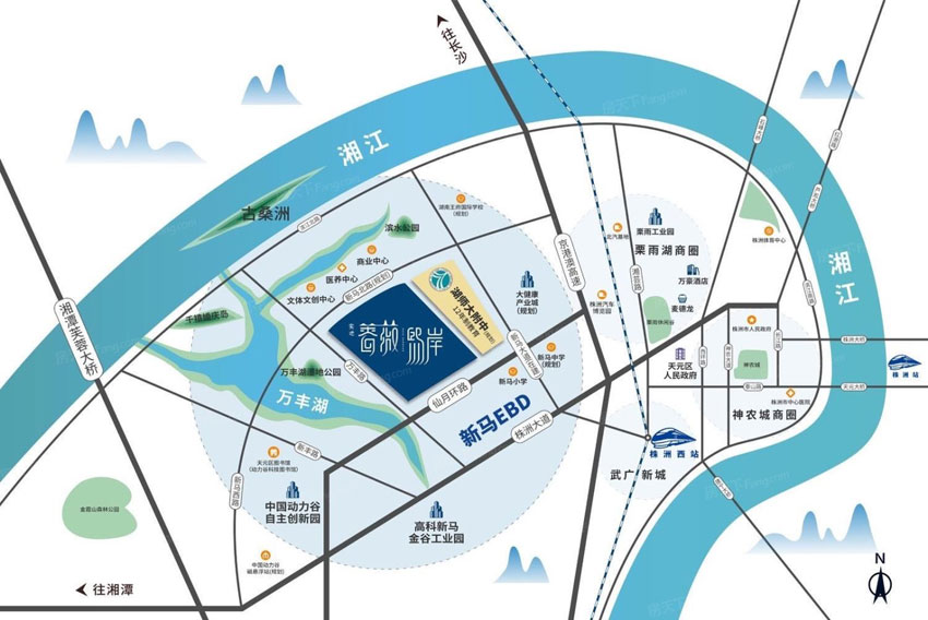 蔷薇熙岸项目位于天元万丰湖畔（仙月环路与万丰路交汇处）