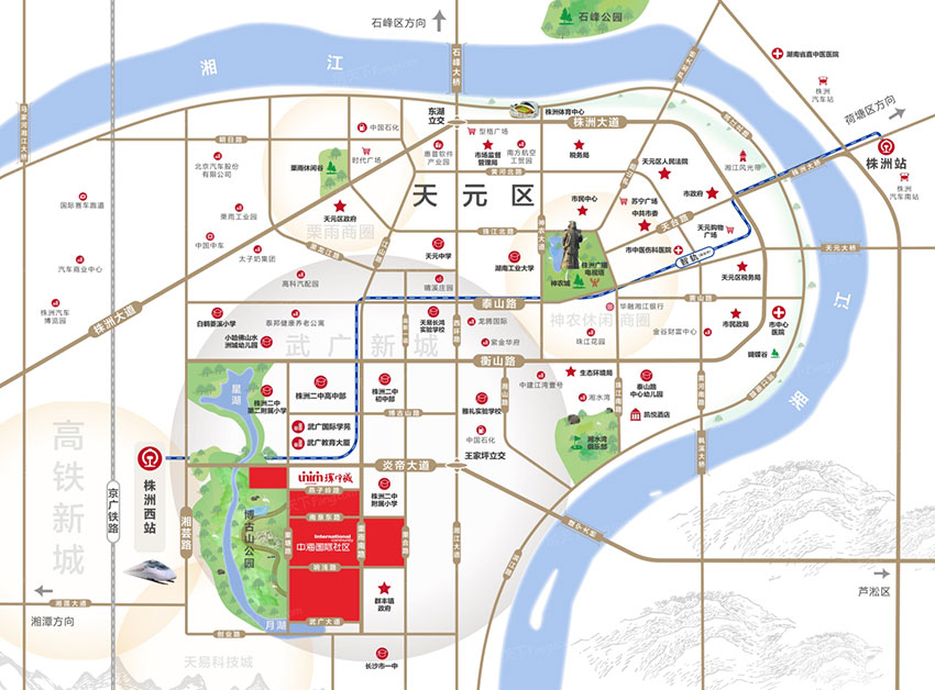 中海国际社区项目位于天元区炎帝大道与栗雨南路交汇处（株洲二中附小旁）