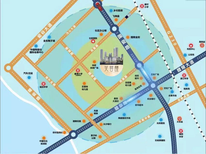 芙蓉醴项目位于醴陵国瓷大道与民富路交汇处