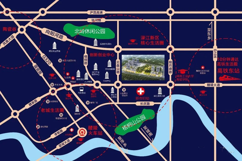 公园世家项目位于醴陵市醴陵大道与云盘山路交汇处