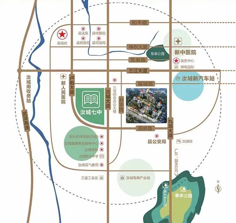 东江华府三期锦锈项目位于汝城县九龙大道与园林路交汇处