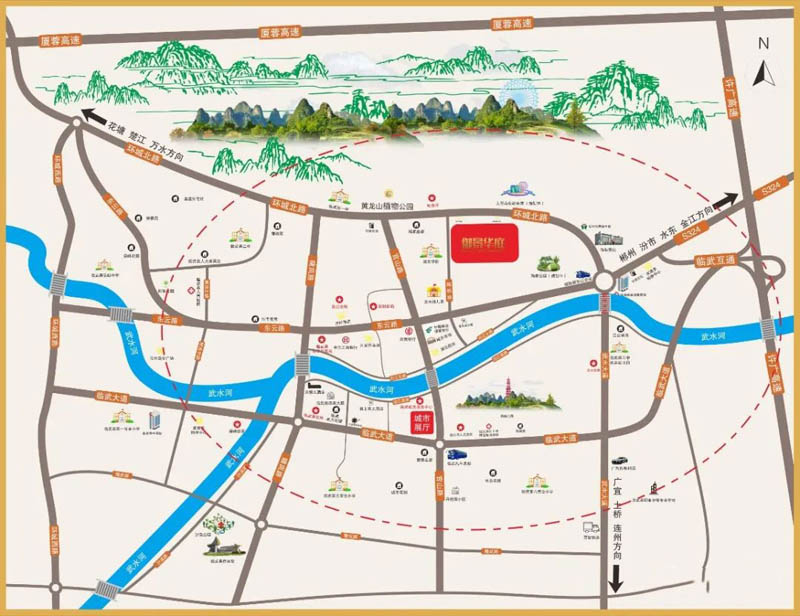 御景华庭项目位于临武县环城北路与陶然路交汇处（临武大桥往黄龙山公园方向200米）