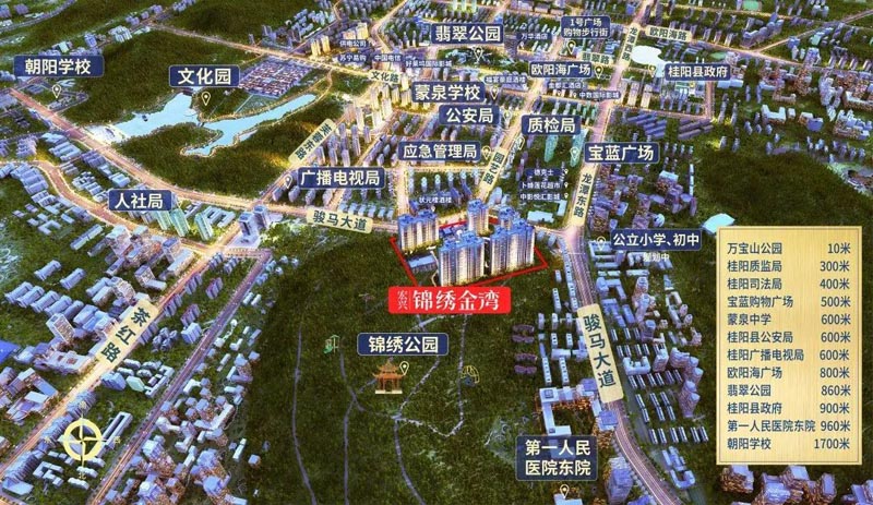 锦绣金湾项目位于桂阳县桂阳县骏马大道与园艺路交汇处（金卫花园对面）