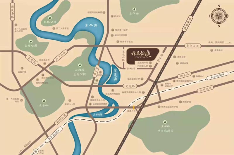 林邑翰庭项目位于郴州青年大道与下东边江路交汇处（苏园中学旁）