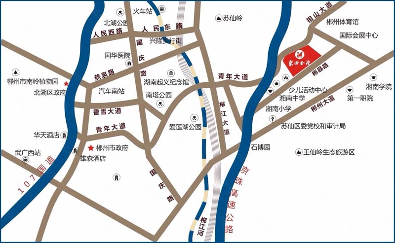 东田金湾项目位于郴州市王仙岭郴县路（湘南中学旁）