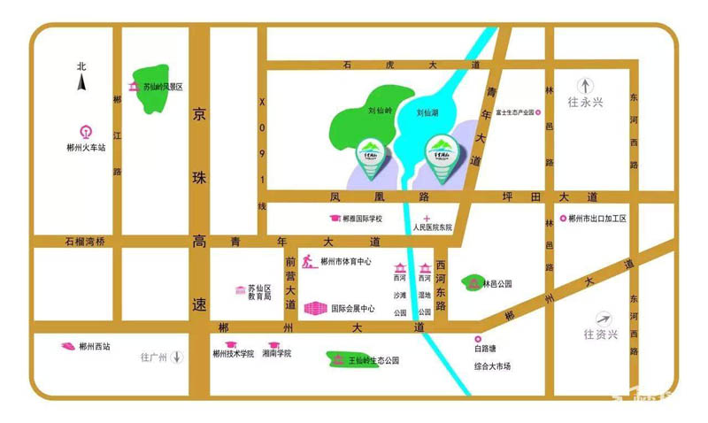 华一千里湖山项目位于郴州市青年大道与凤凰路交汇处（凤凰桥旁）