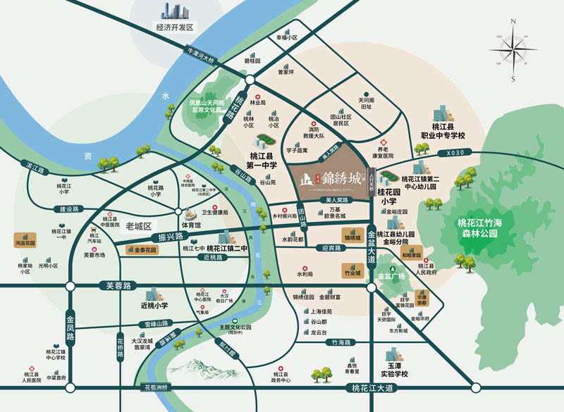 锦绣城二期项目位于桃江县金盆大道与美人窝路交汇处