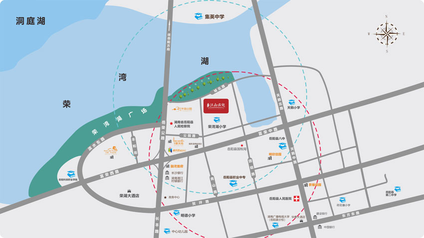 新天地江山云起项目位于岳阳县荣湾湖小学北侧（青山路与城北路交汇处）