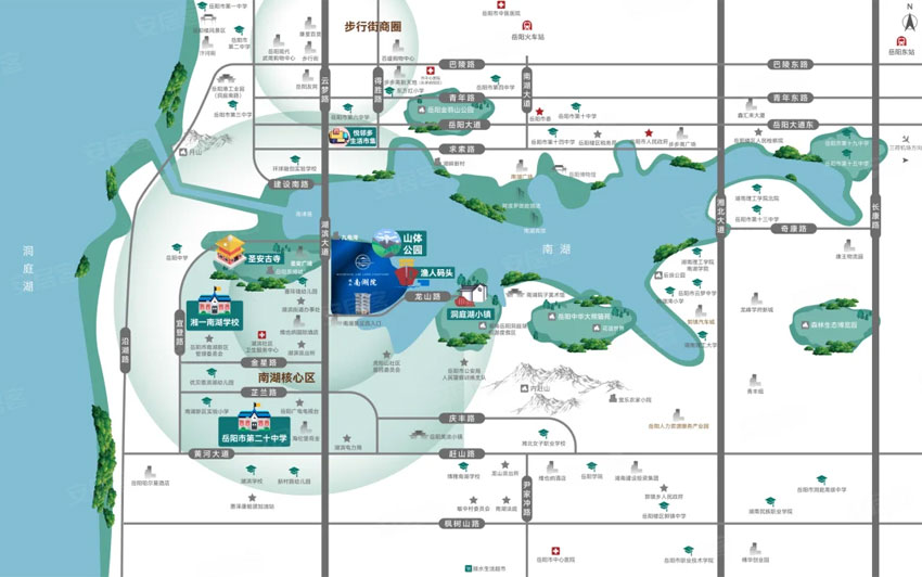 南湖院项目位于岳阳湖滨大道与龙山路交汇处